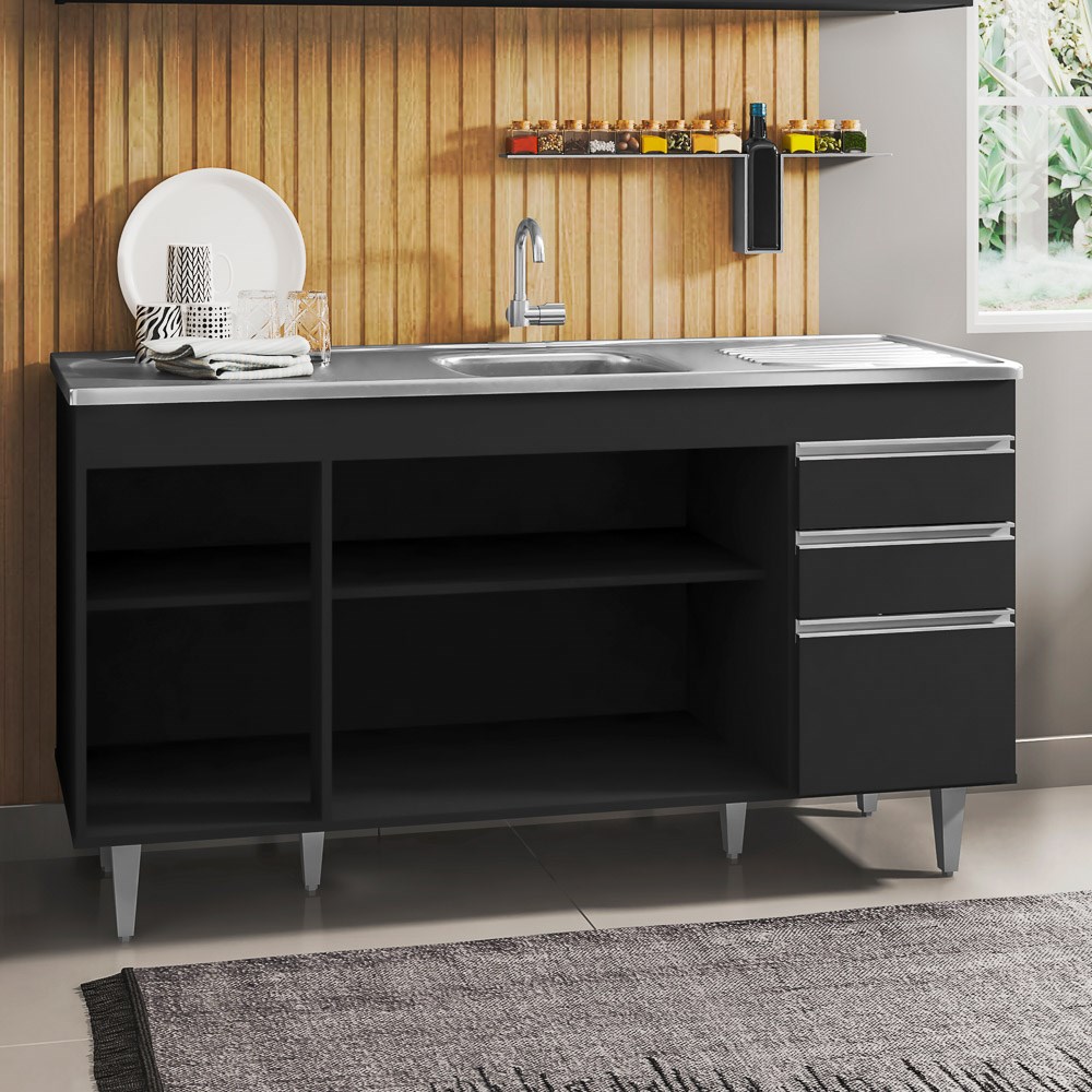 Balcão Gabinete com Pia Inox 150cm 4 Portas 2 Gavetas Marrocos Preto - Lumil