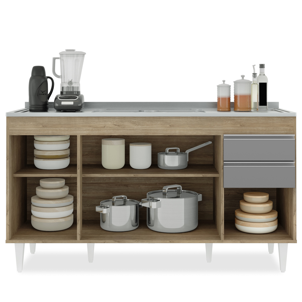 Balcão Gabinete com Pia Inox 150cm Marrocos Castanho/Cinza - Lumil