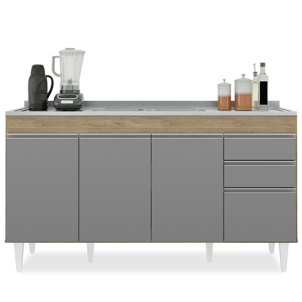 Balcão Gabinete com Pia Inox 150cm Marrocos Castanho/Cinza - Lumil