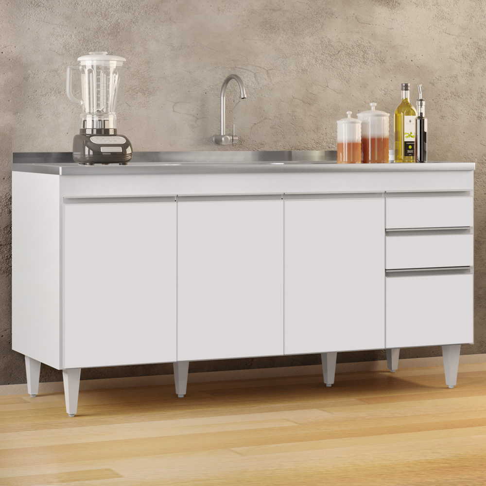 Balcão Gabinete com Pia Inox 160cm Arkansas Branco - Lumil