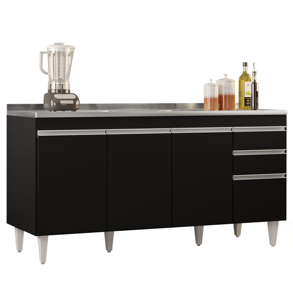 Balcão Gabinete com Pia Inox 160cm Arkansas Preto - Lumil