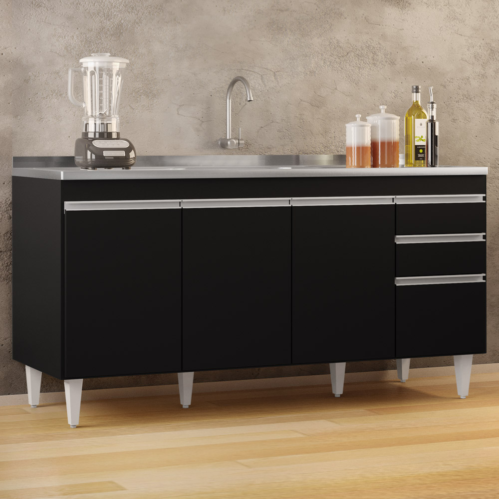Balcão Gabinete com Pia Inox 160cm Arkansas Preto - Lumil