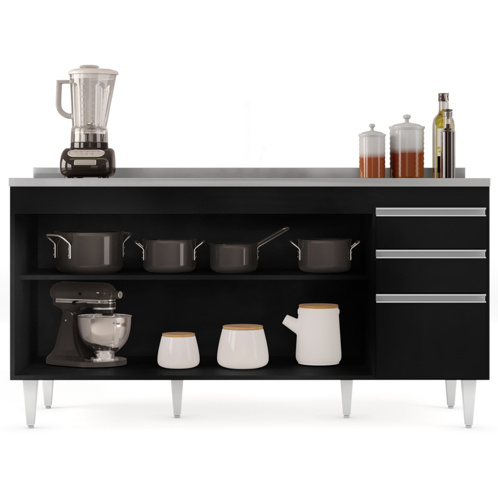 Balcão Gabinete com Pia Inox 160cm Arkansas Preto - Lumil