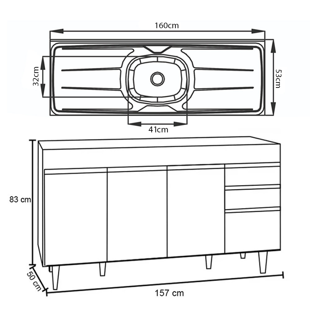 Balcão Gabinete com Pia Inox 160cm Arkansas Preto - Lumil