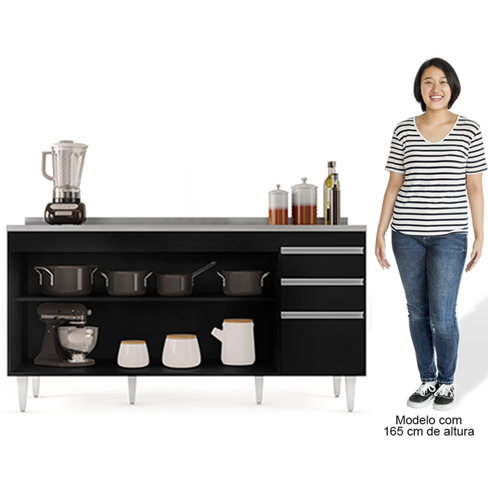 Balcão Gabinete com Pia Inox 160cm Arkansas Preto - Lumil