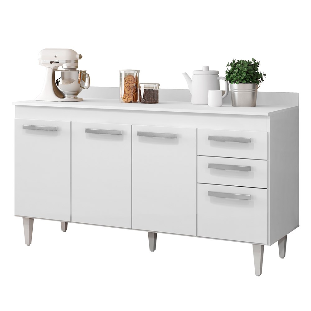 Balcão Gabinete de Pia 150cm 4 Portas 2 Gavetas Com Tampo Lis L03 Branco - Mpozenato