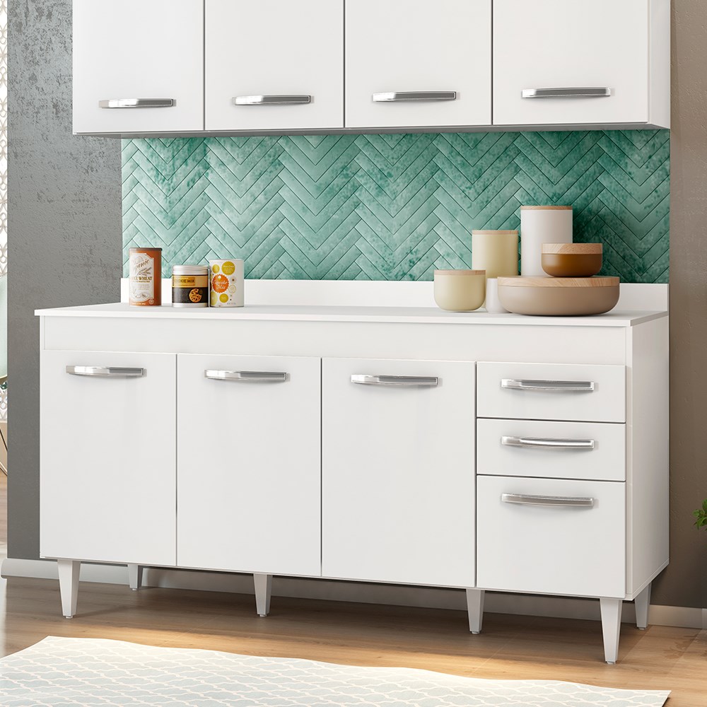 Balcão Gabinete de Pia 150cm 4 Portas 2 Gavetas Com Tampo Lis L03 Branco - Mpozenato