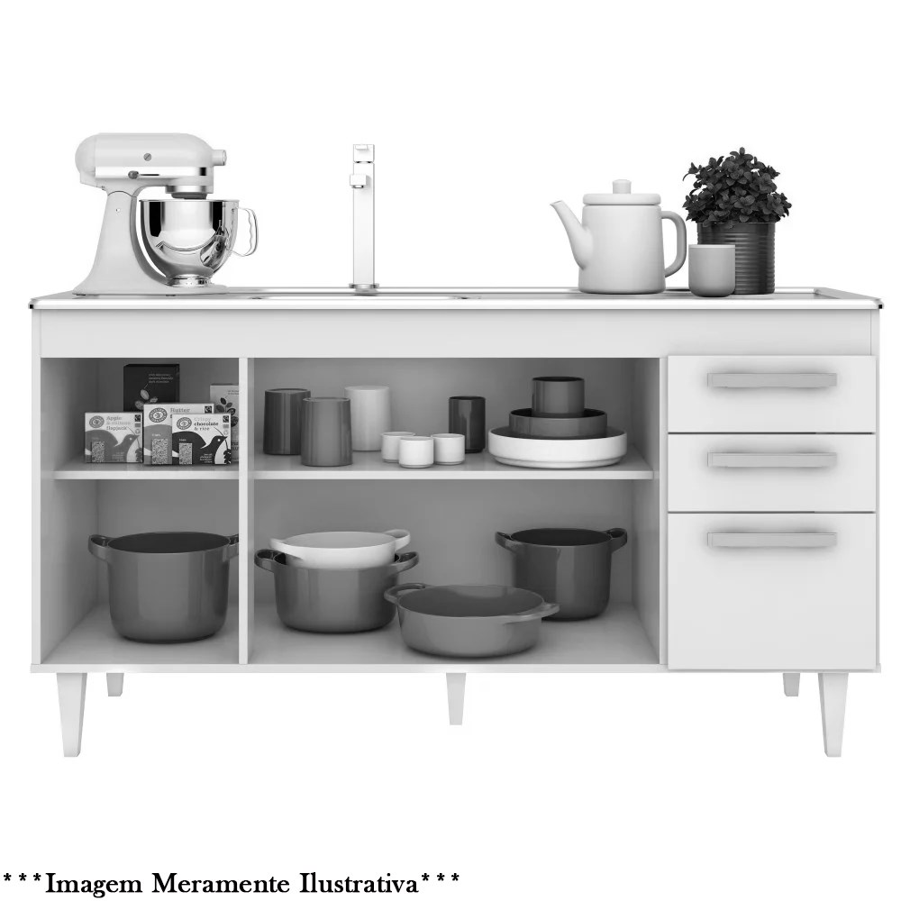 Balcão Gabinete de Pia 150cm 4 Portas 2 Gavetas Com Tampo Lis L03 Branco/Preto - Mpozenato