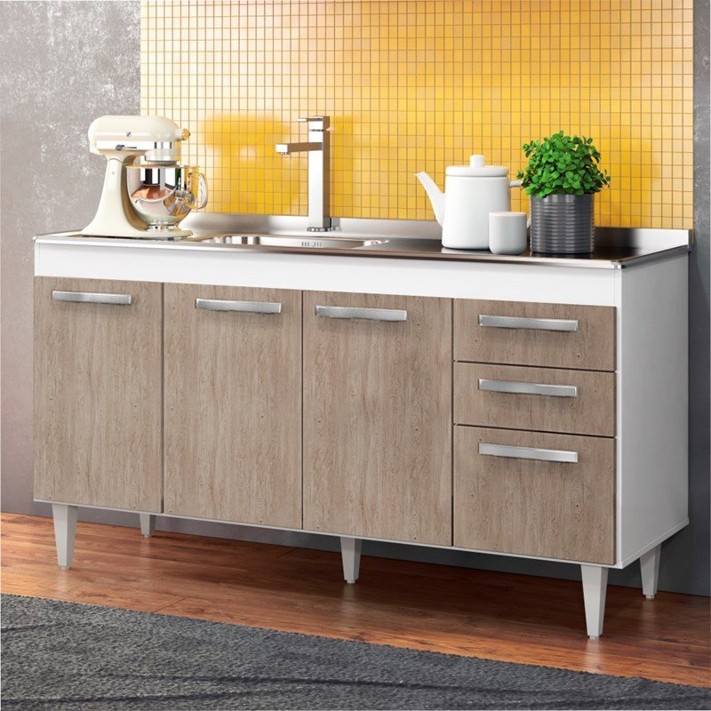Balcão Gabinete de Pia 150cm Lisboa 4pts 2gav Branco/Castanho - Lumil Móveis