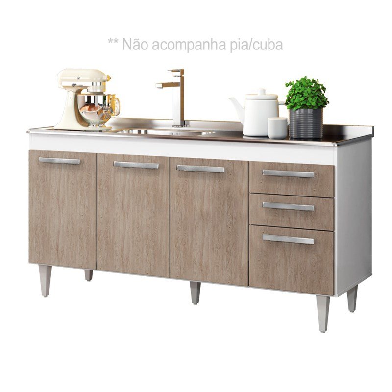 Balcão Gabinete de Pia 150cm Lisboa 4pts 2gav Branco/Castanho - Lumil Móveis