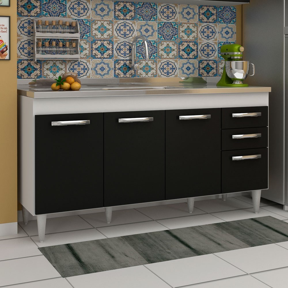 Balcão Gabinete de Pia Áustria sem Tampo 160cm 04 Portas 02 Gavetas Branco/Preto - Lumil Móveis