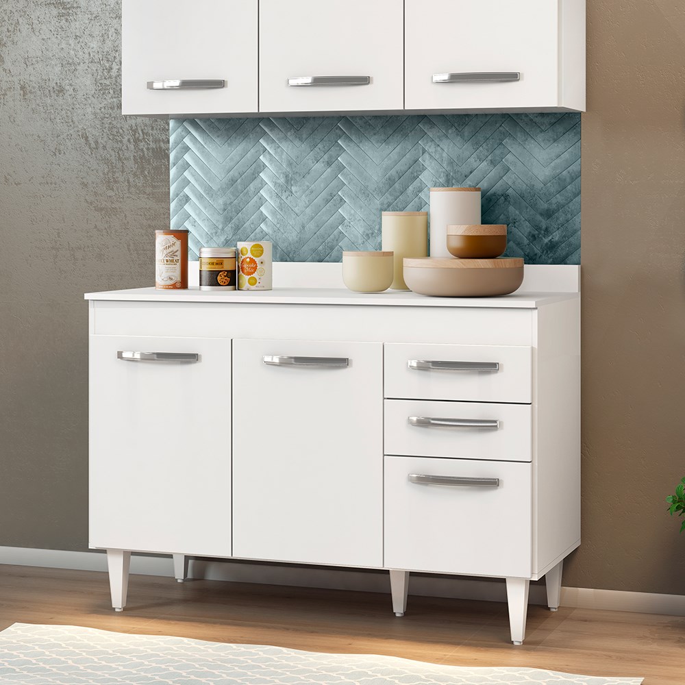 Balcão Gabinete de Pia Com Tampo Suécia 120cm 03 Portas 02 Gavetas Branco - Lumil Móveis