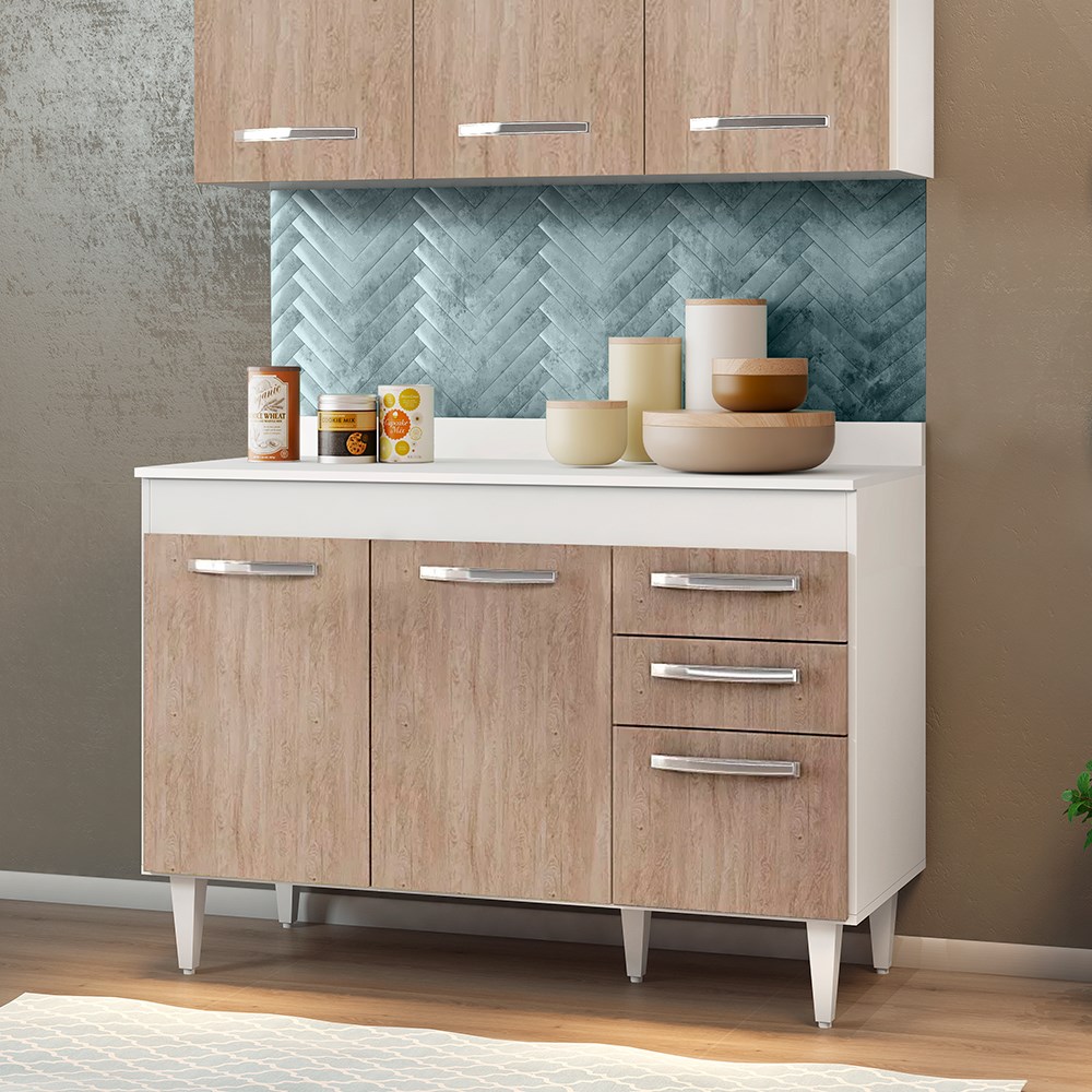 Balcão Gabinete de Pia Com Tampo Suécia 120cm 03 Portas 02 Gavetas Branco/Castanho - Lumil Móveis