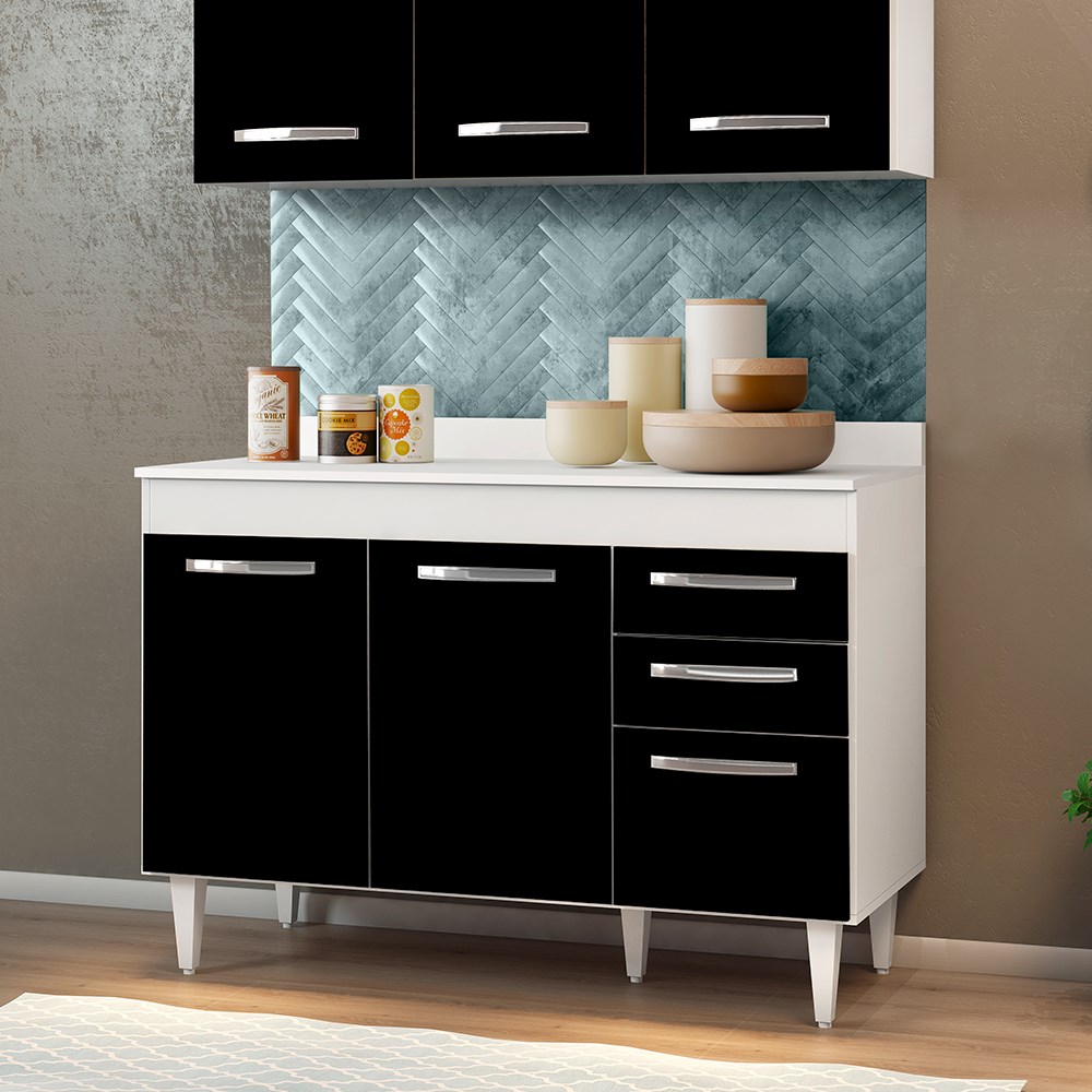 Balcão Gabinete de Pia Com Tampo Suécia 120cm 03 Portas 02 Gavetas Branco/Preto - Lumil Móveis
