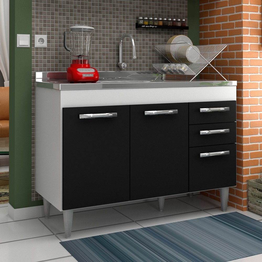 Balcão Gabinete de Pia Suécia sem Tampo 120cm 03 Portas 02 Gavetas Branco/Preto - Lumil Móveis