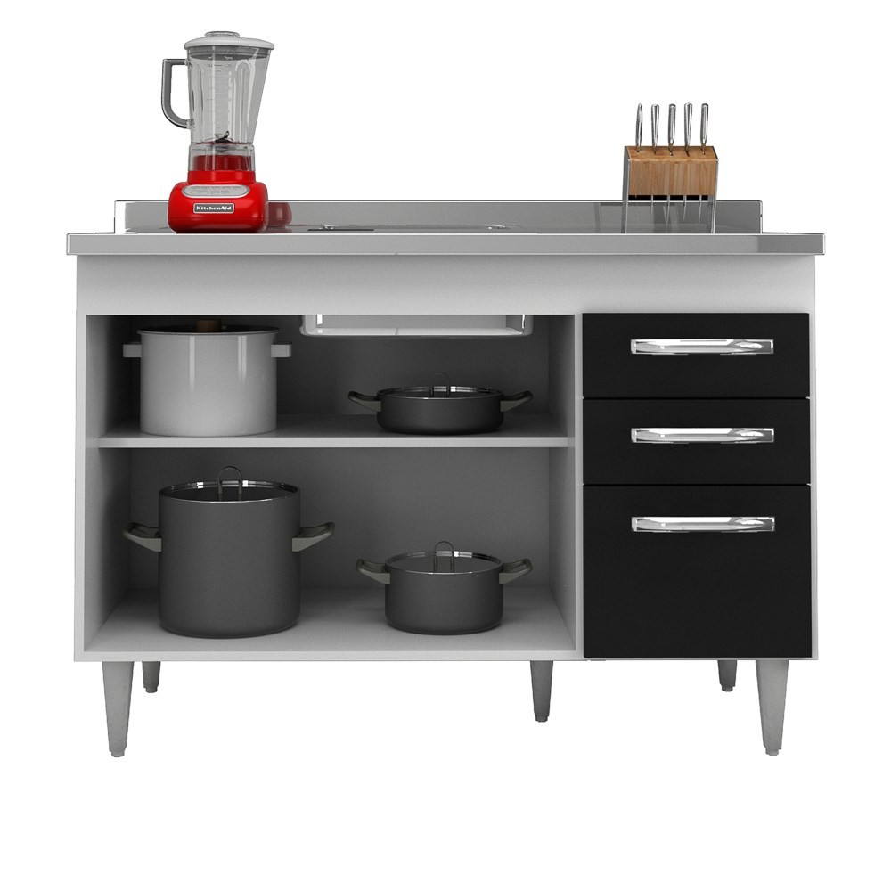 Balcão Gabinete de Pia Suécia sem Tampo 120cm 03 Portas 02 Gavetas Branco/Preto - Lumil Móveis