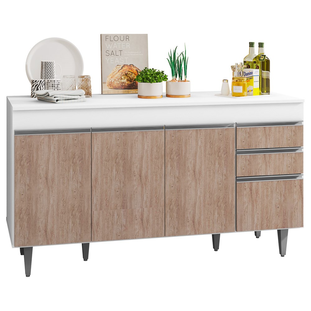 Balcão Gabinete de Pia com Tampo 150cm 4 Portas 2 Gavetas Marrocos Branco/Castanho - Lumil