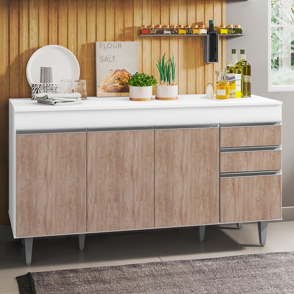 Balcão Gabinete de Pia com Tampo 150cm 4 Portas 2 Gavetas Marrocos Branco/Castanho - Lumil
