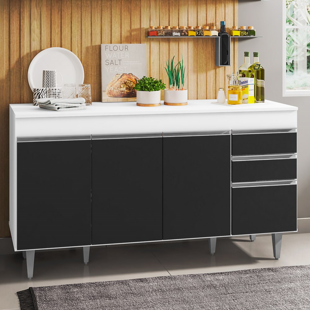 Balcão Gabinete de Pia com Tampo 150cm 4 Portas 2 Gavetas Marrocos Branco/Preto - Lumil
