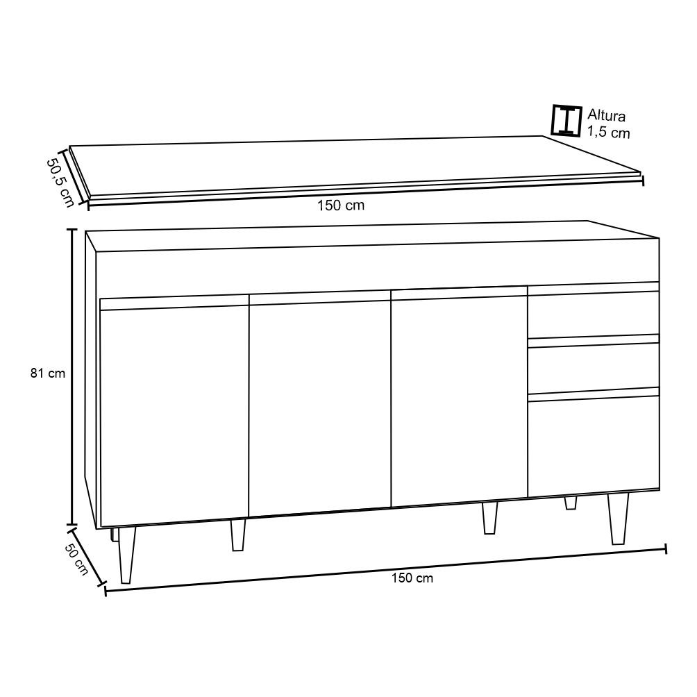 Balcão Gabinete de Pia com Tampo 150cm 4 Portas 2 Gavetas Marrocos Branco/Preto - Lumil