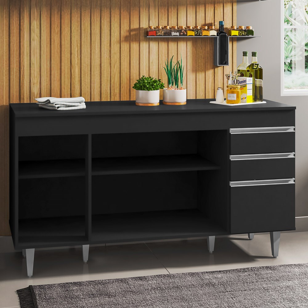 Balcão Gabinete de Pia com Tampo 150cm 4 Portas 2 Gavetas Marrocos Preto - Lumil
