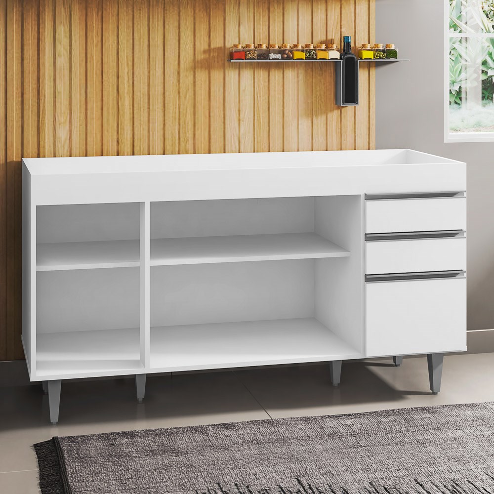 Balcão Gabinete de Pia sem Tampo 150cm 4 Portas 2 Gavetas Marrocos Branco - Lumil
