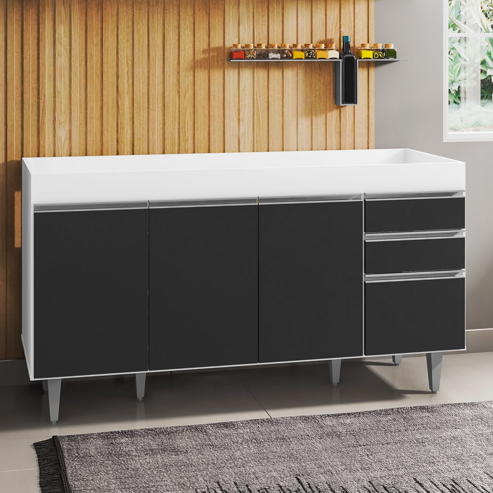Balcão Gabinete de Pia sem Tampo 150cm 4 Portas 2 Gavetas Marrocos Branco/Preto - Lumil