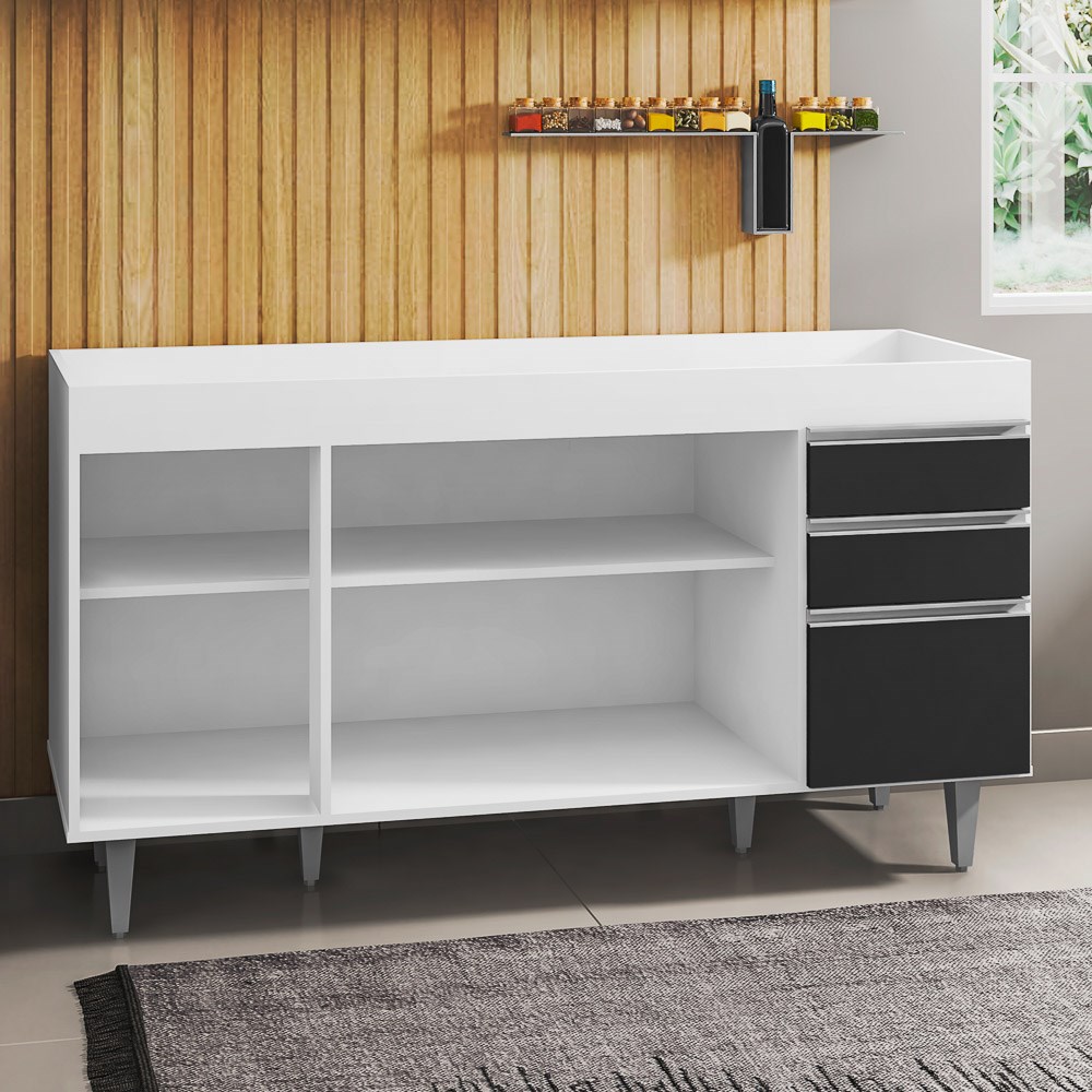 Balcão Gabinete de Pia sem Tampo 150cm 4 Portas 2 Gavetas Marrocos Branco/Preto - Lumil