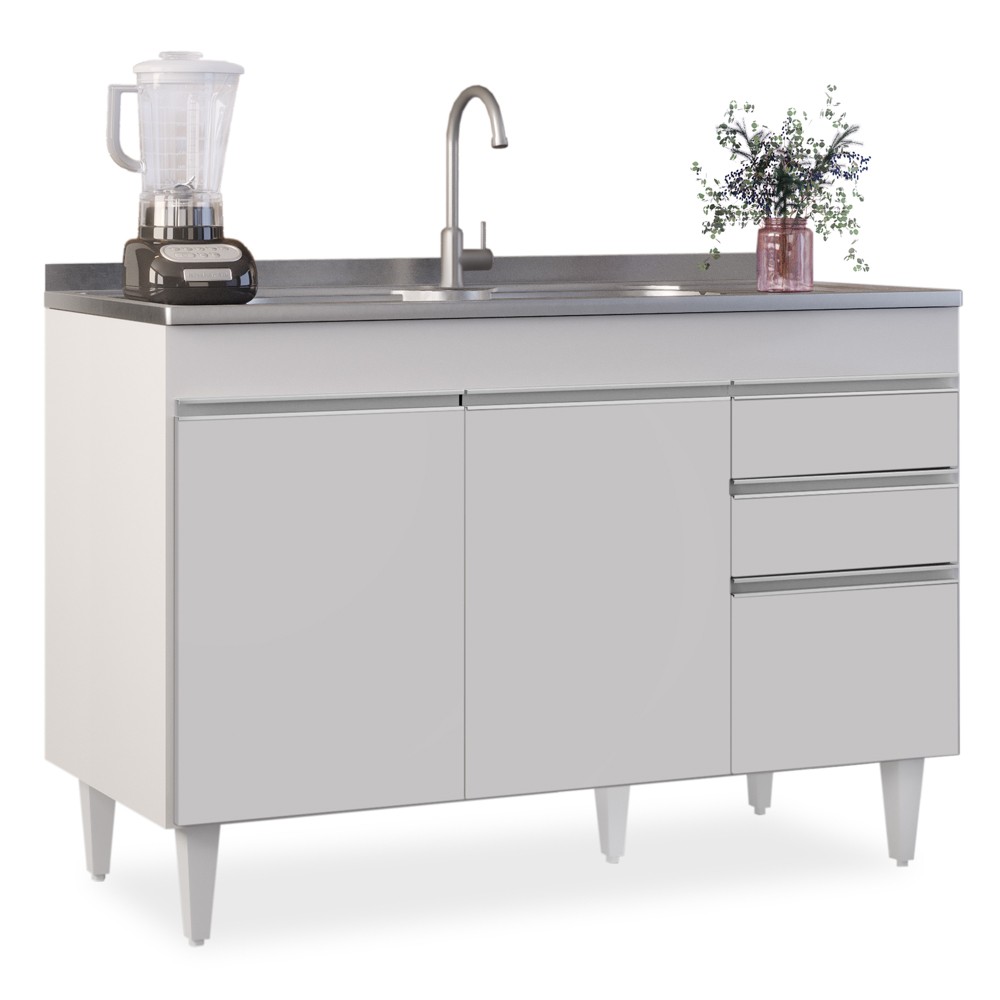 Balcão Gabinete para Pia 120cm sem Tampo 3 Portas 2 Gavetas Michigan Branco - Lumil Móveis