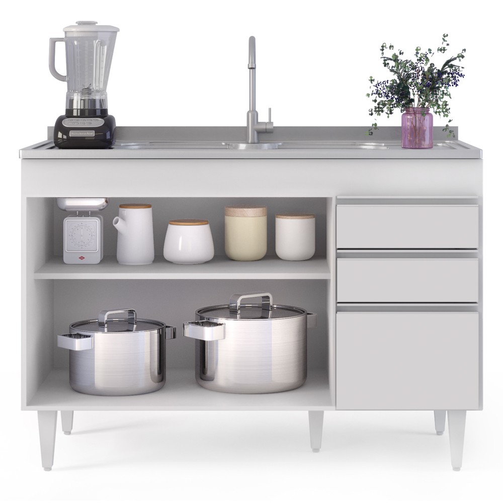 Balcão Gabinete para Pia 120cm sem Tampo 3 Portas 2 Gavetas Michigan Branco - Lumil Móveis