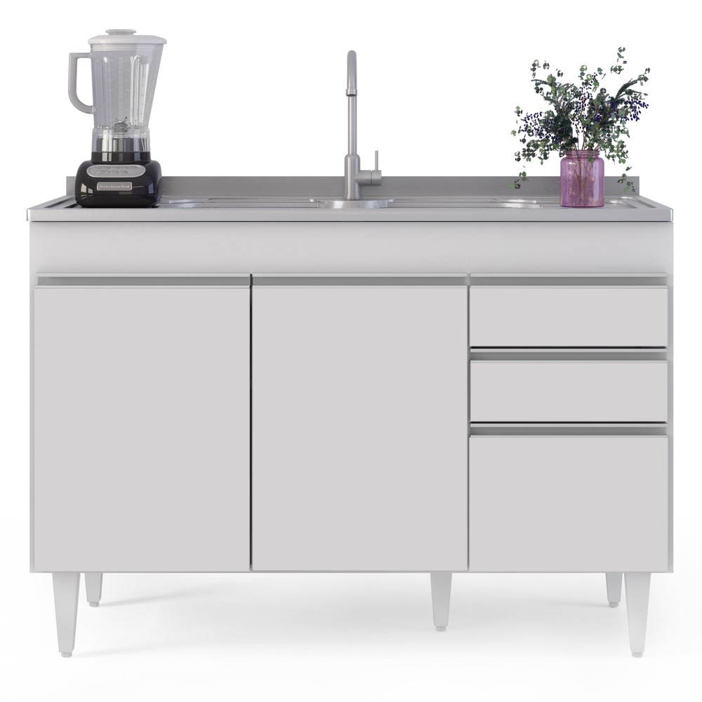 Balcão Gabinete para Pia 120cm sem Tampo 3 Portas 2 Gavetas Michigan Branco - Lumil Móveis