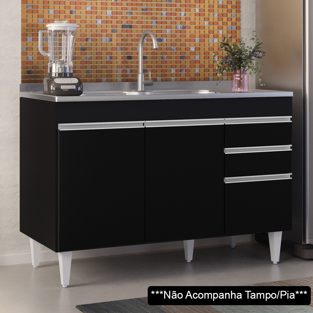 Balcão Gabinete para Pia 120cm sem Tampo 3 Portas 2 Gavetas Michigan Preto - Lumil Móveis