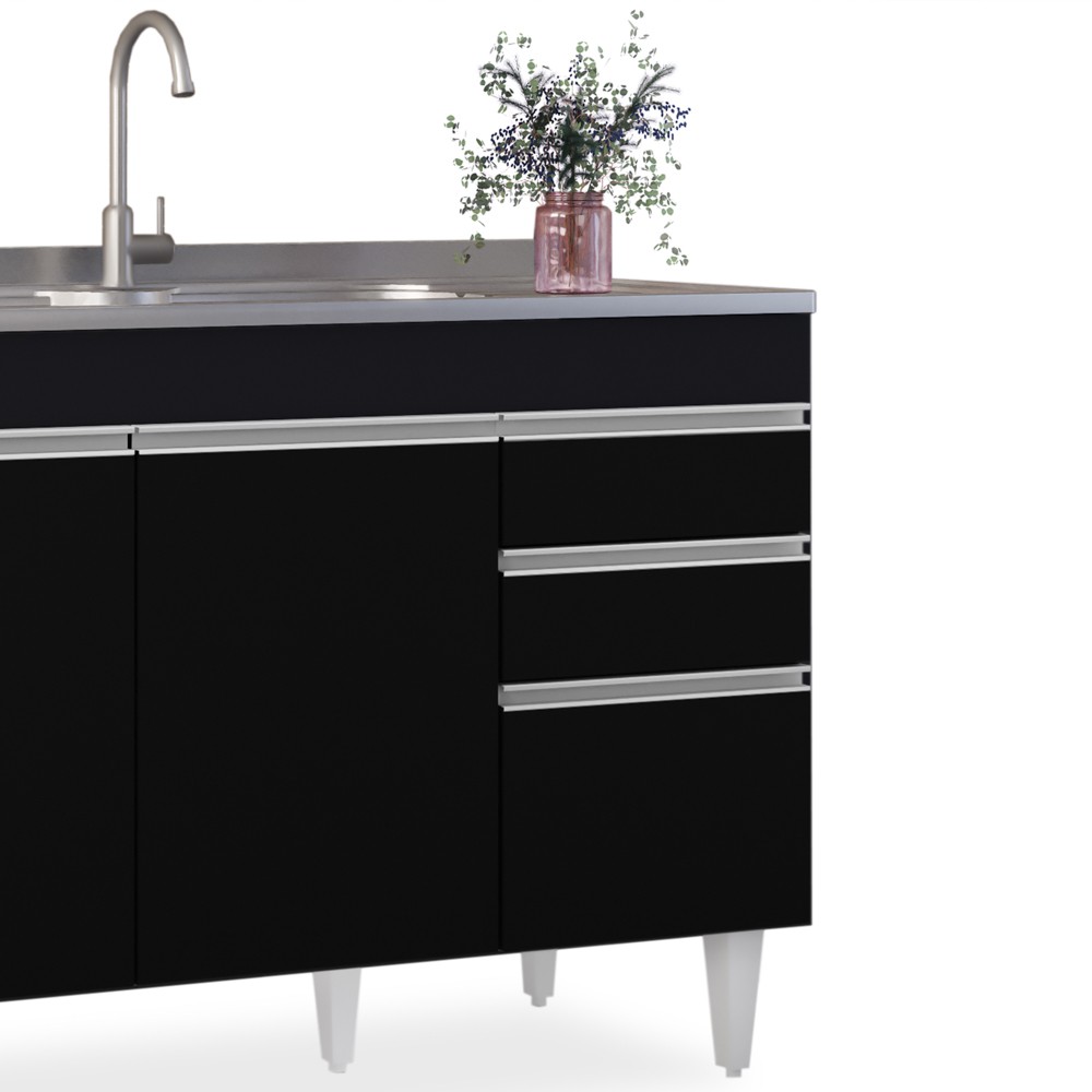 Balcão Gabinete para Pia 120cm sem Tampo 3 Portas 2 Gavetas Michigan Preto - Lumil Móveis