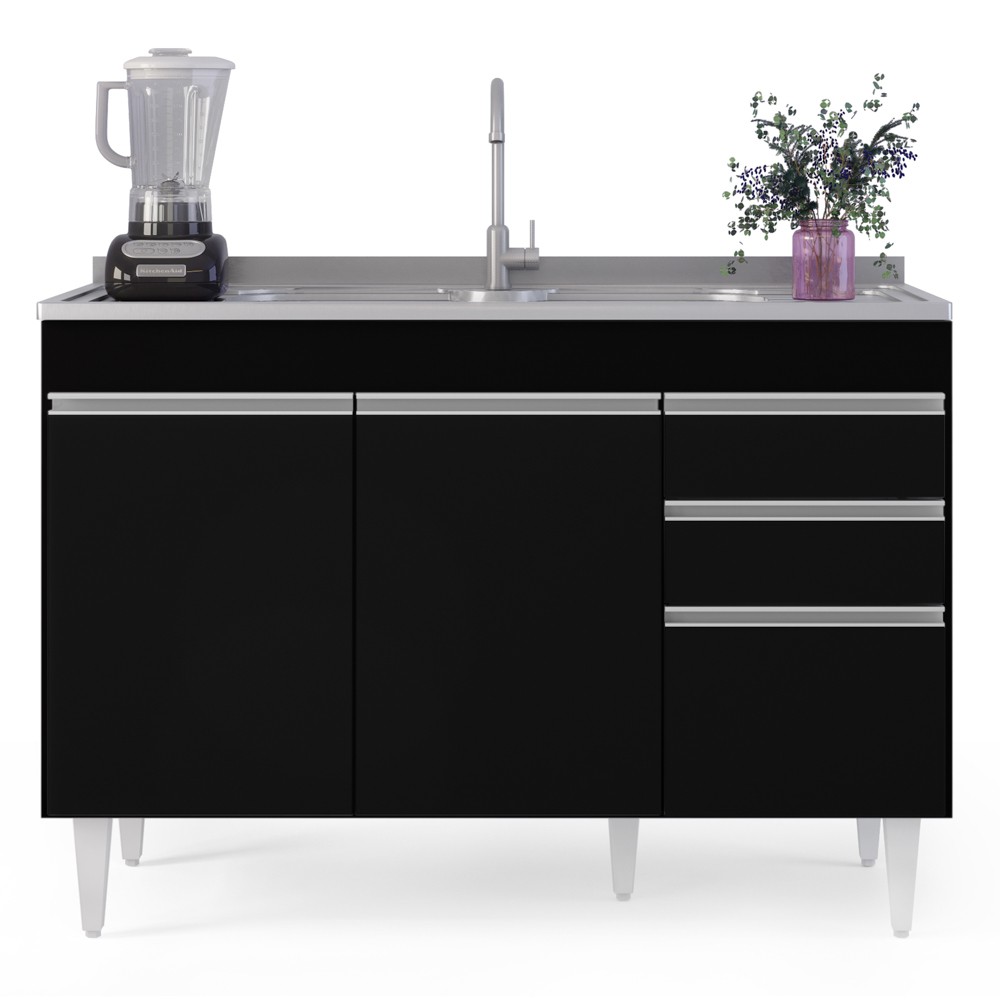 Balcão Gabinete para Pia 120cm sem Tampo 3 Portas 2 Gavetas Michigan Preto - Lumil Móveis
