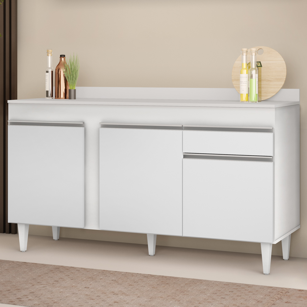 Balcão Gabinete para Pia com Tampo 150cm 3 Portas 1 Gaveta Dakota Branco - Lumil