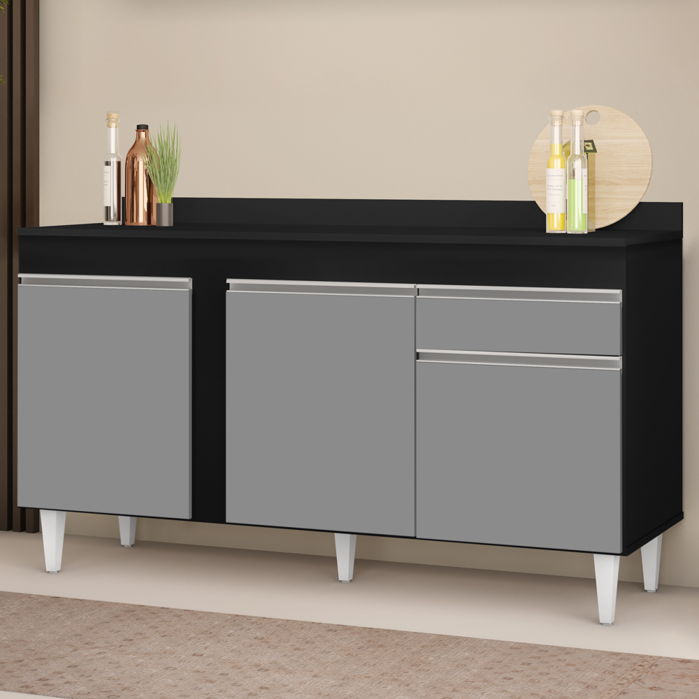 Balcão Gabinete para Pia com Tampo 150cm 3 Portas 1 Gaveta Dakota Preto/Cinza - Lumil