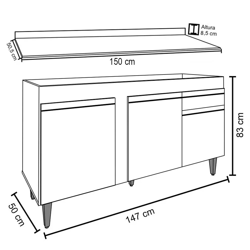 Balcão Gabinete para Pia com Tampo 150cm 3 Portas 1 Gaveta Dakota Preto/Cinza - Lumil
