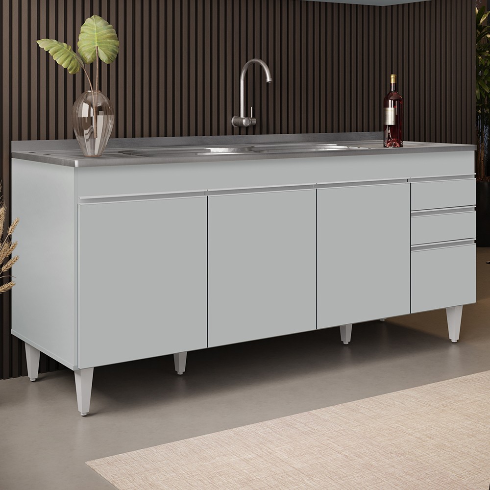Balcão de Cozinha Com Pia Inox 180cm 4 Portas Dallas Cinza Claro - Lumil