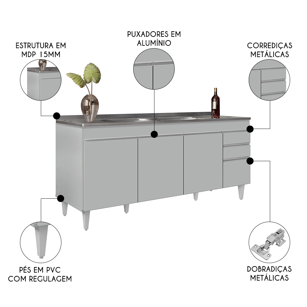 Balcão de Cozinha Com Pia Inox 180cm 4 Portas Dallas Cinza Claro - Lumil