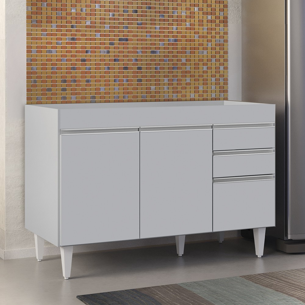 Balcão de Cozinha Para Pia 120cm 3 Portas Sem Tampo Michigan Cinza Claro - Lumil