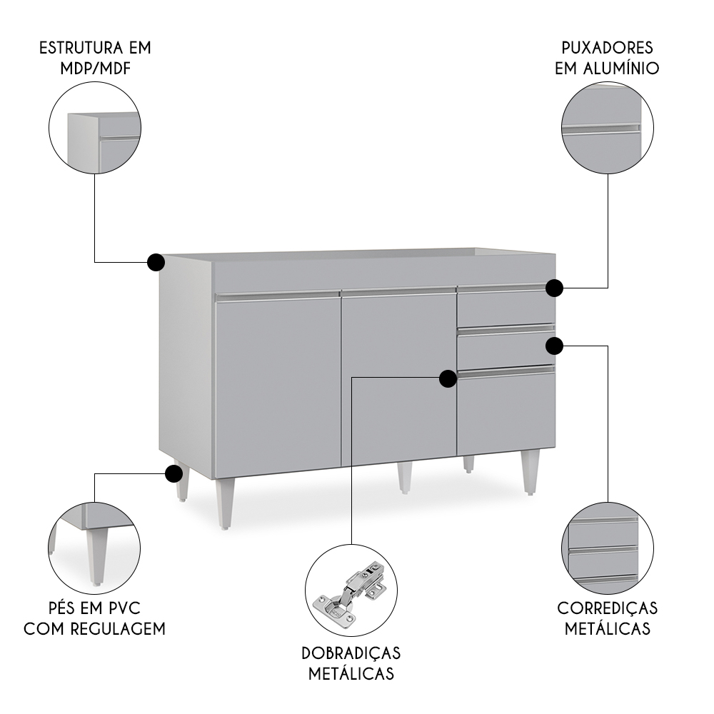 Balcão de Cozinha Para Pia 120cm 3 Portas Sem Tampo Michigan Cinza Claro - Lumil