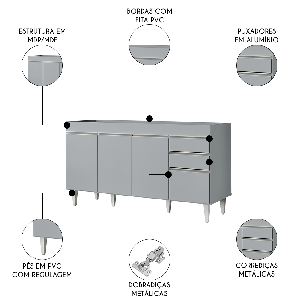 Balcão de Cozinha Para Pia 150cm 4 Portas Sem Tampo Marrocos Cinza Claro - Lumil
