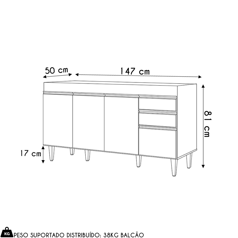 Balcão de Cozinha Para Pia 150cm 4 Portas Sem Tampo Marrocos Cinza Claro - Lumil