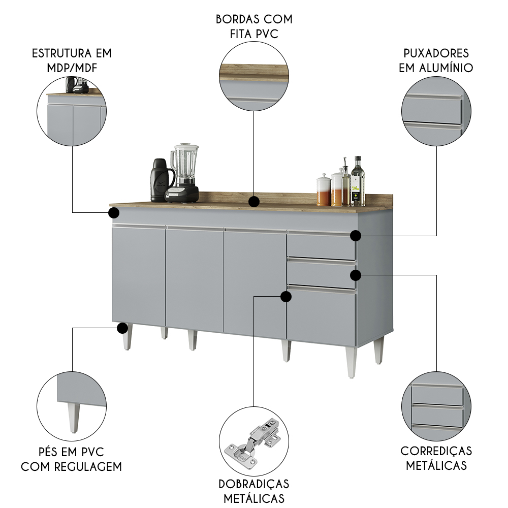 Balcão de Cozinha Para Pia 150cm com Tampo Marrocos Cinza Claro/Castanho - Lumil