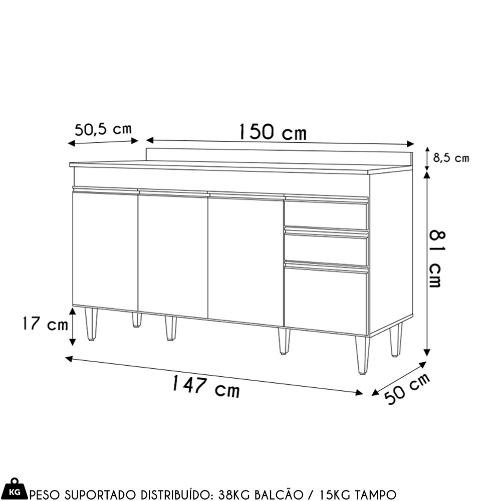 Balcão de Cozinha Para Pia 150cm com Tampo Marrocos Cinza Claro/Castanho - Lumil
