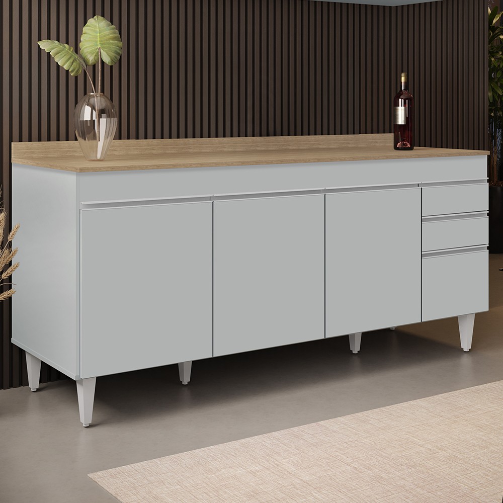 Balcão de Cozinha Para Pia 180cm com Tampo 4 Portas Dallas Cinza Claro/Castanho - Lumil