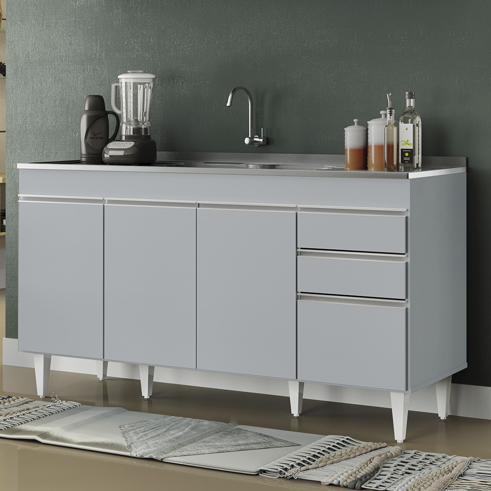 Balcão de Cozinha com Pia Inox 150cm 4 Portas Marrocos Cinza Claro - Lumil