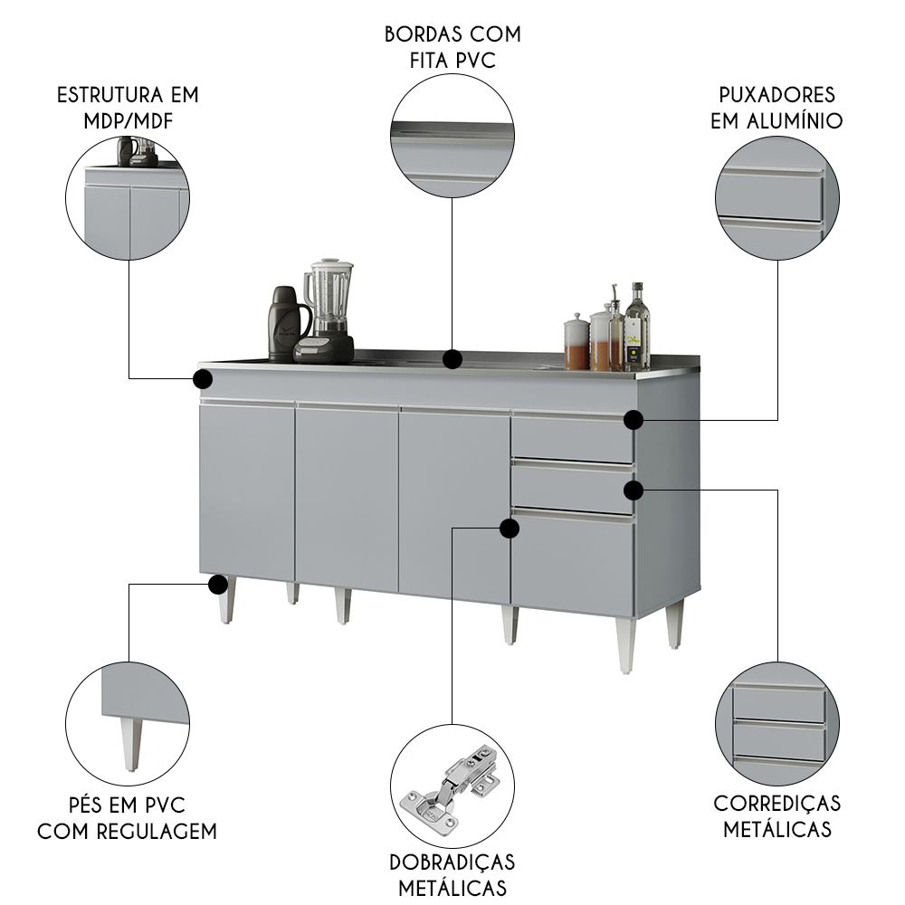 Balcão de Cozinha com Pia Inox 150cm 4 Portas Marrocos Cinza Claro - Lumil
