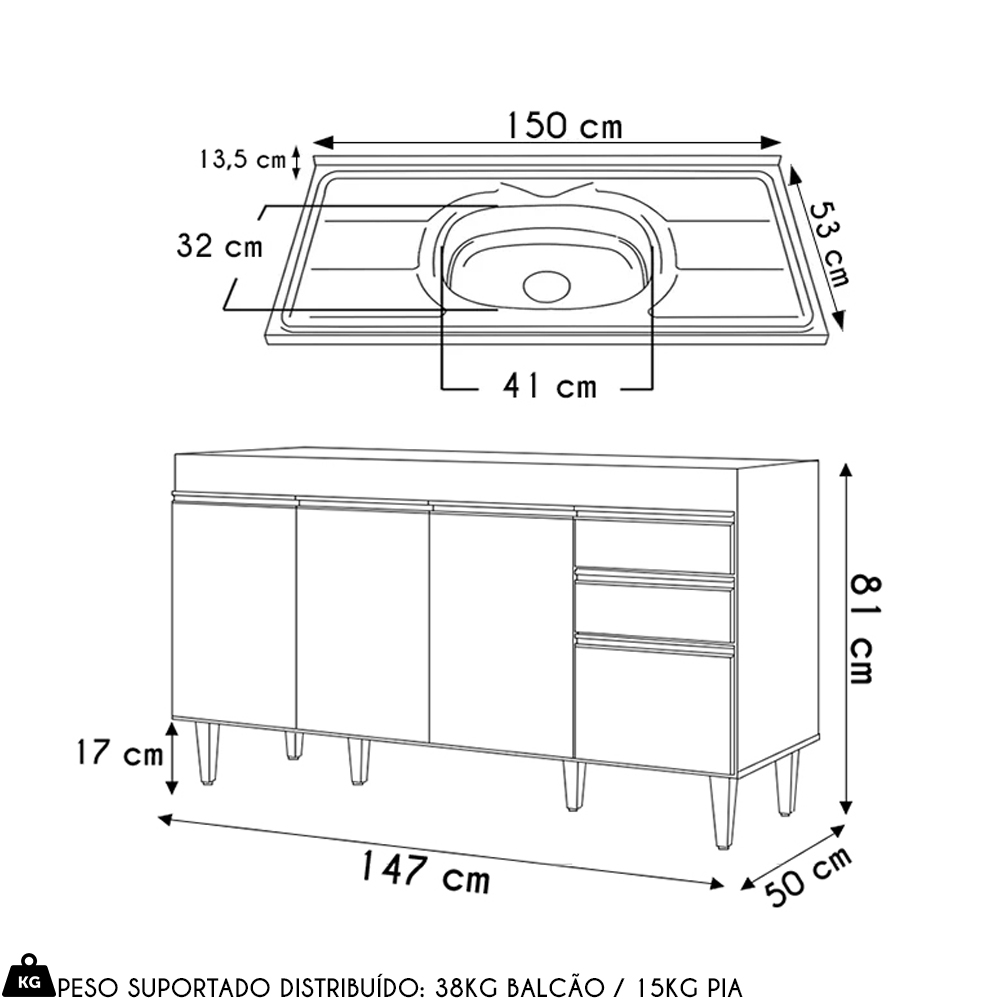 Balcão de Cozinha com Pia Inox 150cm 4 Portas Marrocos Cinza Claro - Lumil