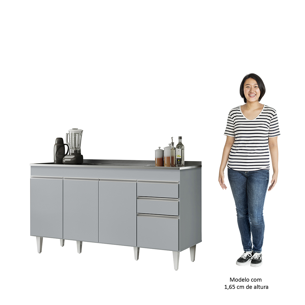Balcão de Cozinha com Pia Inox 150cm 4 Portas Marrocos Cinza Claro - Lumil